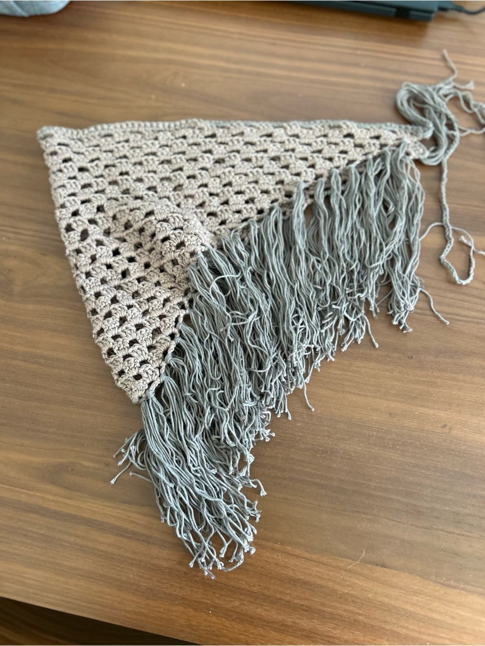Handmade Crochet Triangle Scarf with Fringe - Taupe and Gray